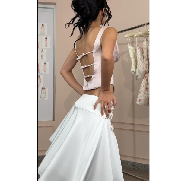 法式气质时尚性感露背背心上衣女搭配不规则荷叶边高腰半身裙套装