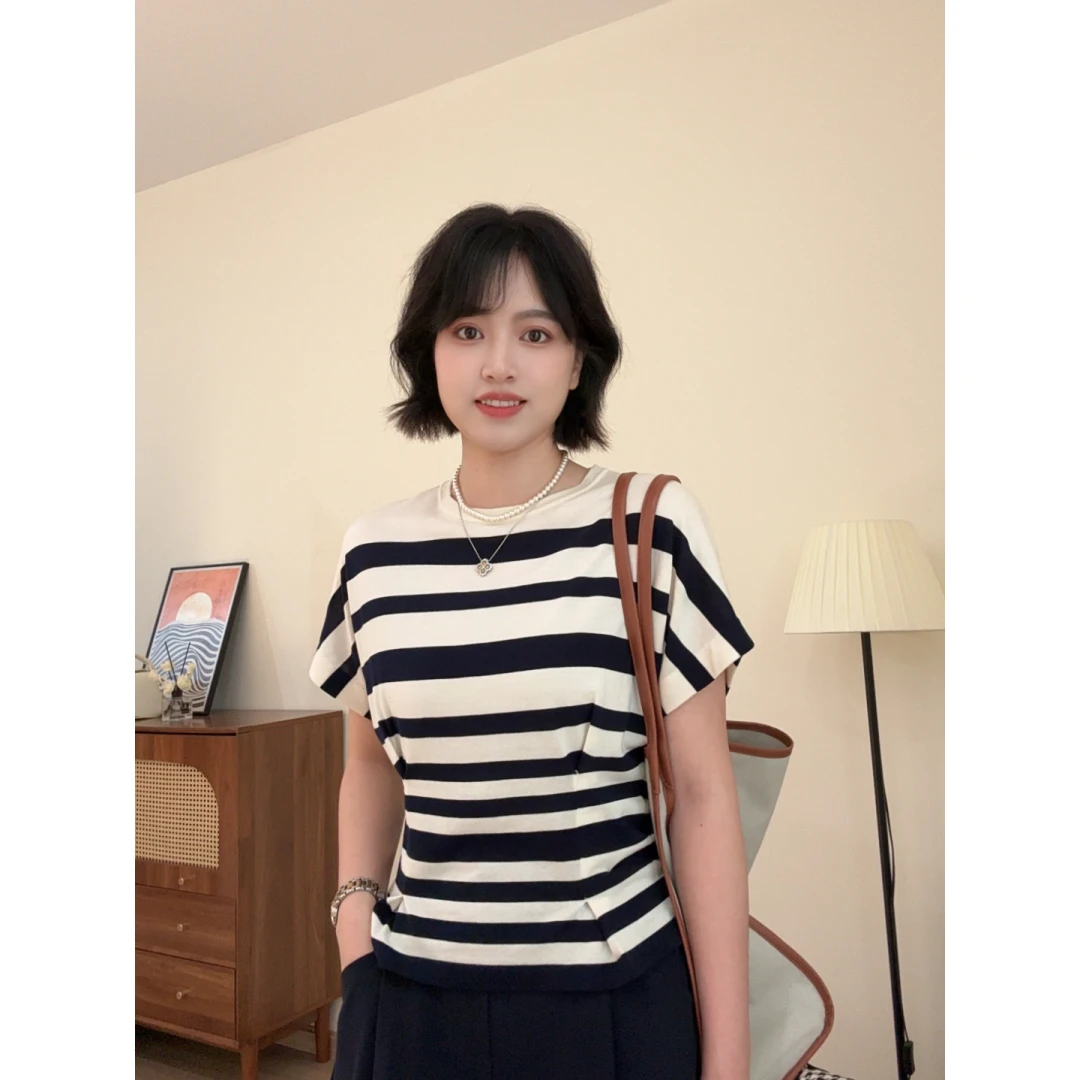 「小蛮腰」落肩捏褶收腰设计别致条纹针织短袖T恤Q0362