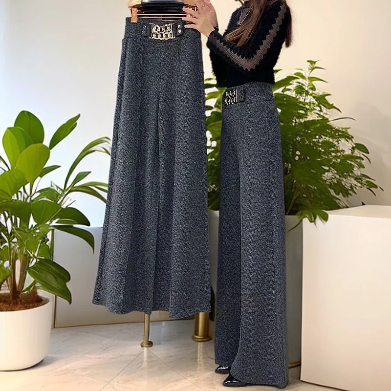 2025春秋网红同款灰色感阔宽松新款舒适松紧高腰大码裤显瘦阔腿裤
