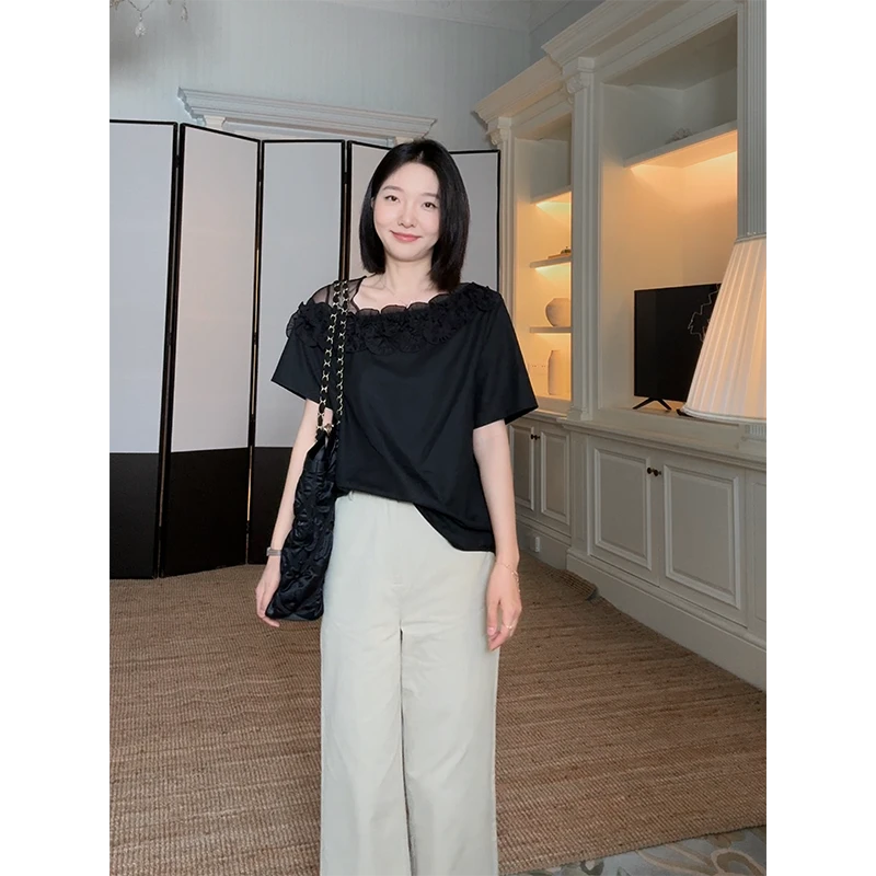 郭九九呢 亚麻棉气质立体花朵短袖上衣简约百搭直筒裤 G925Y07509