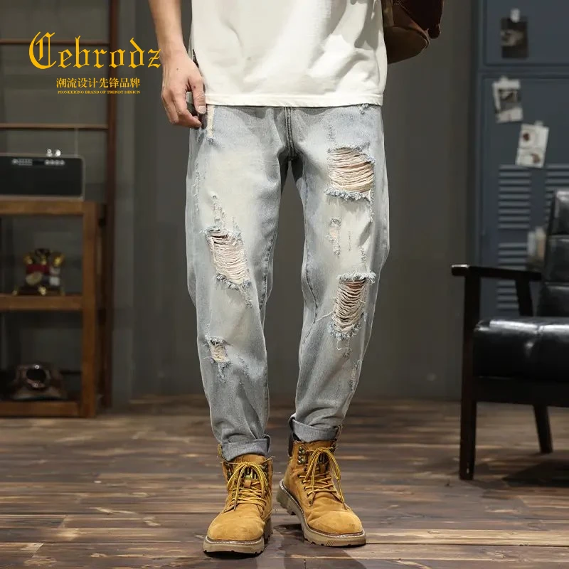 法国Cebrodz破洞牛仔裤男美式高街秋潮牌复古休闲痞帅直筒锥形
