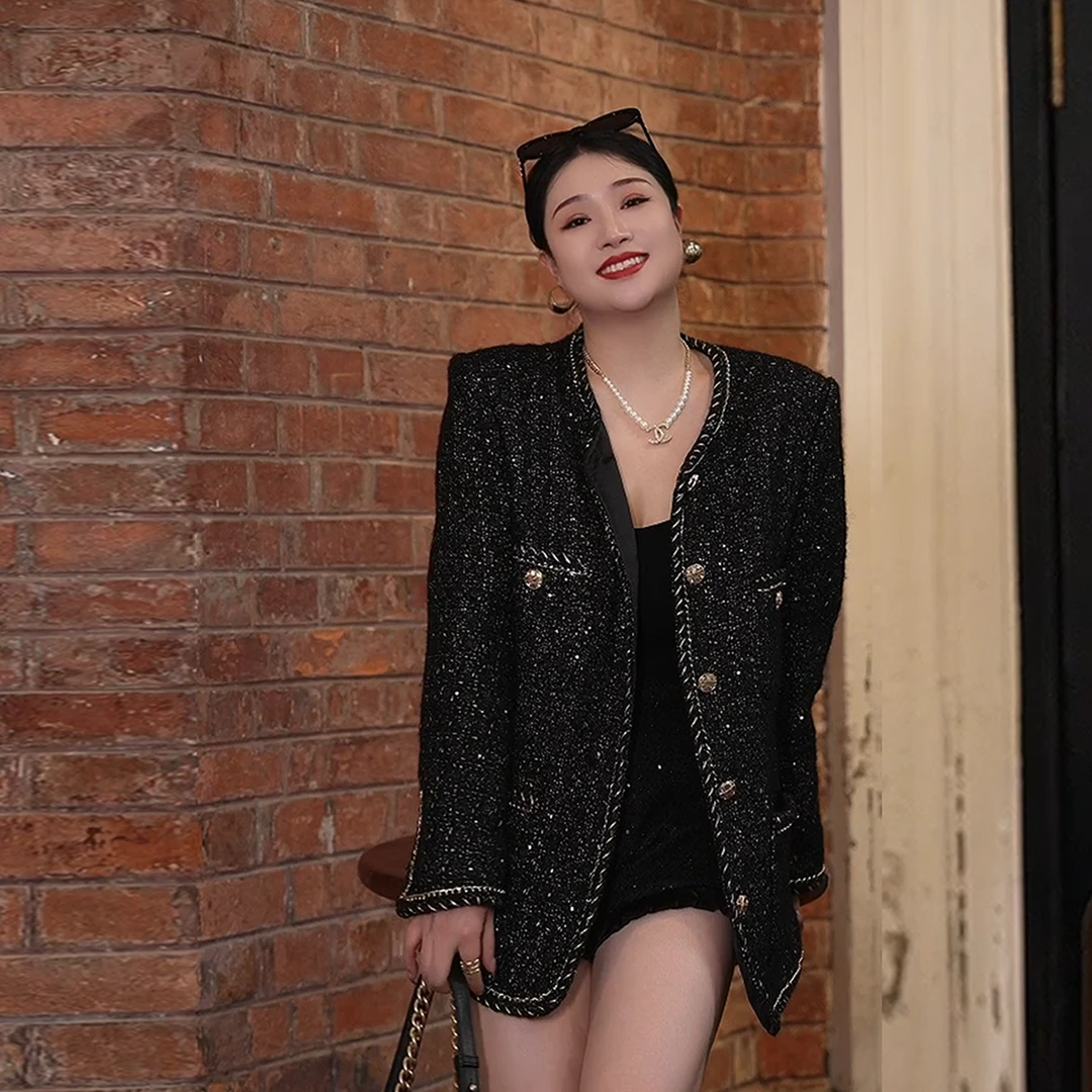 多肉宝贝羊毛超重工链条小香风外套气质高级感宽松外套D23140