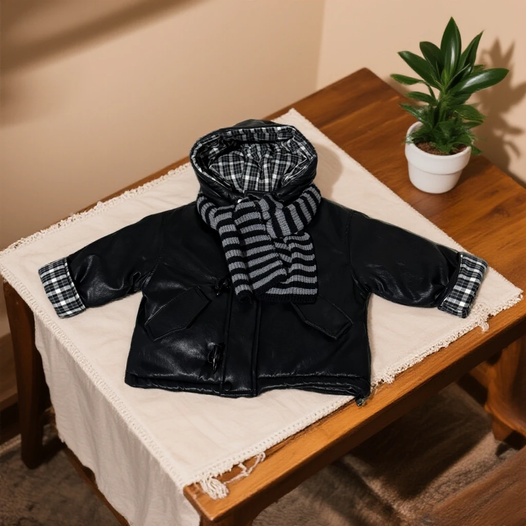 男女童通穿秋冬新款加厚皮夹棉加兔毛连帽时尚百搭休闲皮衣