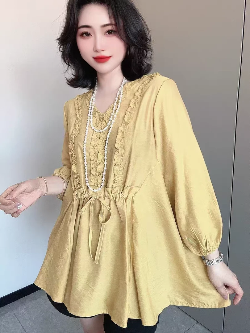 2025新款春夏季胖妹妹长袖T恤女大码减龄V领蕾丝收腰显瘦打底衫潮