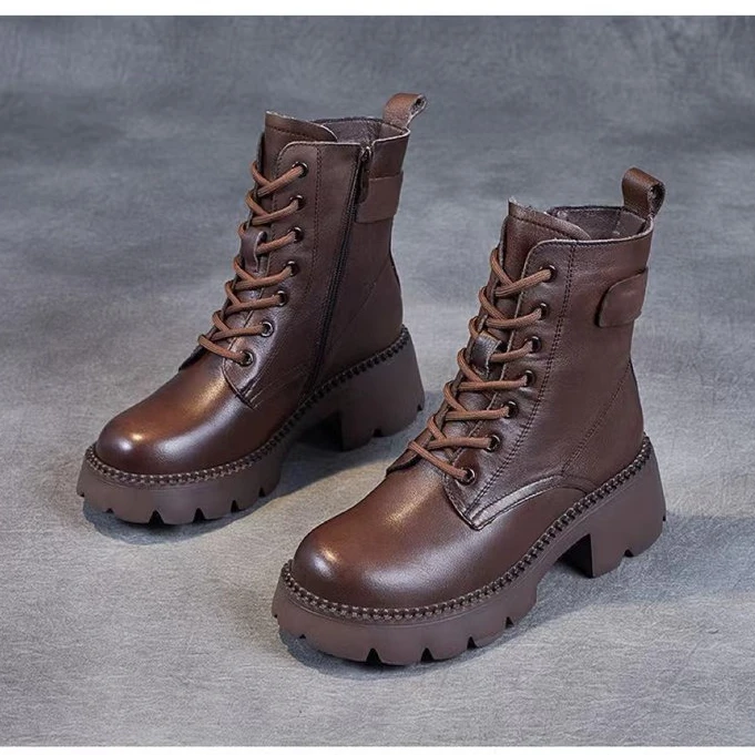 真软皮马丁靴女2025秋冬季新款单靴小个子粗高跟厚底短靴加绒棉靴