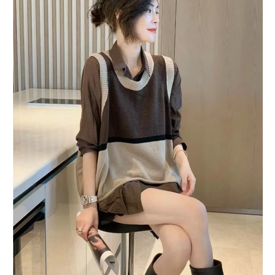 洋气减龄毛衣马甲衬衫两件套女高级休闲时尚套装新款欧货