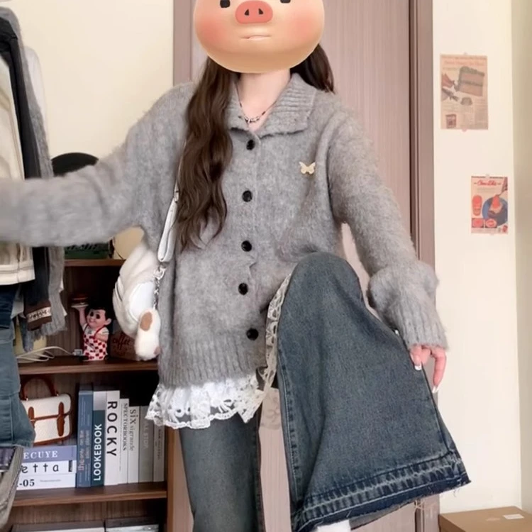 春装慵懒风灰色翻领针织开衫外套2025春秋新款高级感加厚上衣女装