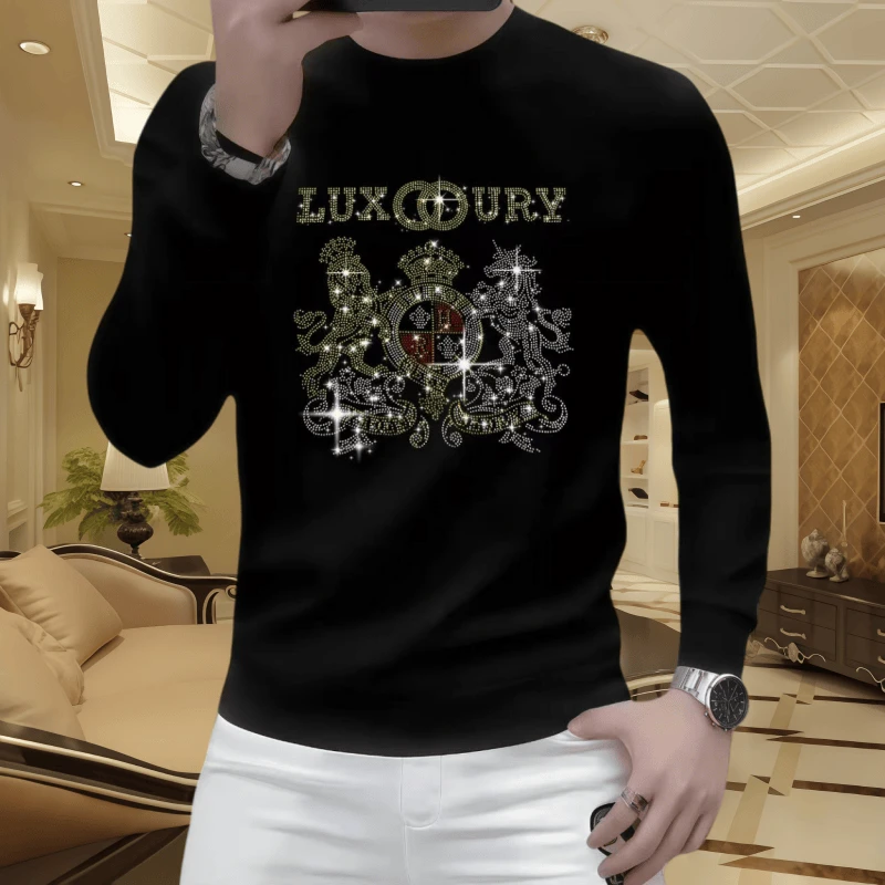 秋冬季新款长袖上衣修身百搭男士卫衣圆领时尚休闲潮流烫钻打底衫