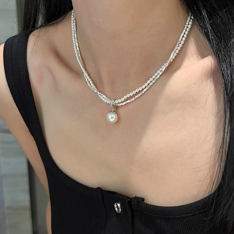 CK 坠链均925银 925银万能扣碎银子施家贝珠双层项链女小众设计感