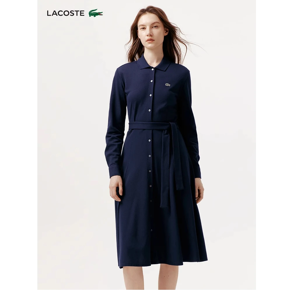 LACOSTE法国鳄鱼女装25秋季新款系带收腰翻领衬衫式连衣裙|EF5299