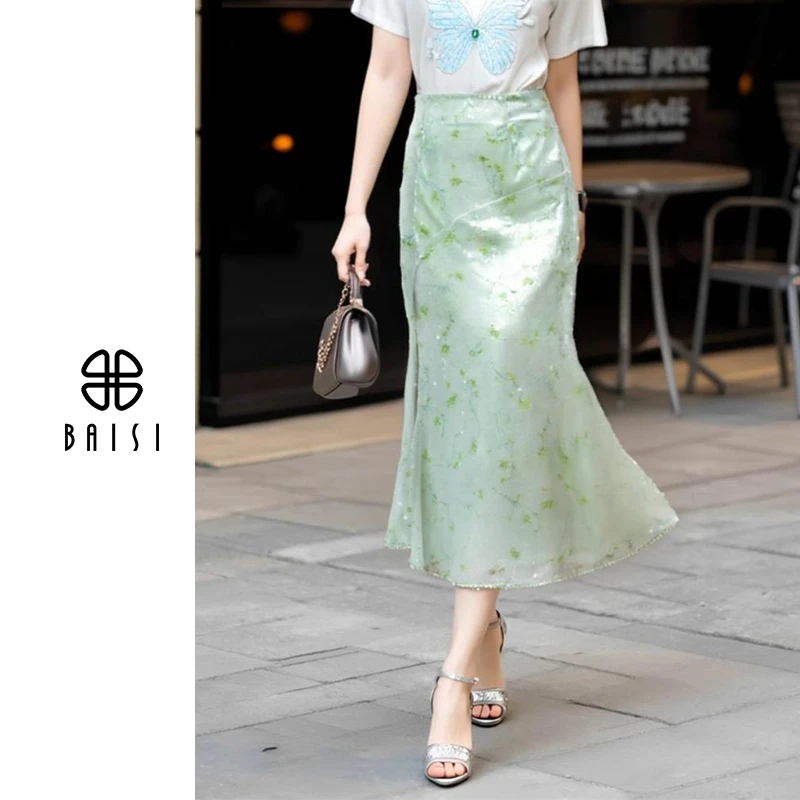 BAISI/百丝名媛半身裙自然腰连衣裙亮片碎花感A字裙优雅印花高腰