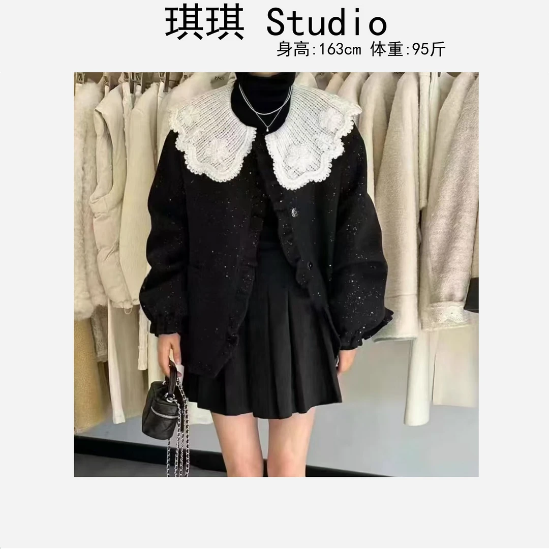 冬季新款闪闪点缀甜美时尚褶皱花边显瘦减龄百搭加棉外套908-G