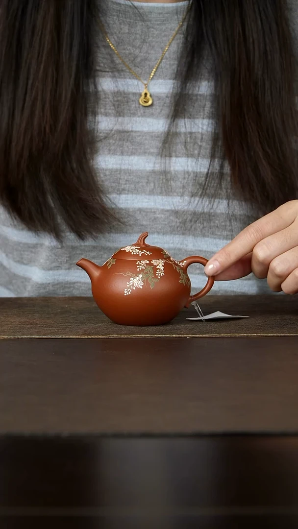 茶杯紫砂杯研所夏菁老师茄瓜壶泥绘紫藤花朱泥