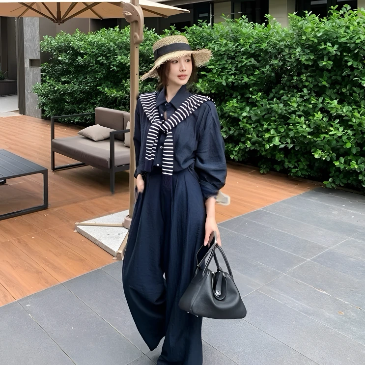 新款大码老钱风胖mm松弛感衬衫上衣显瘦高腰阔腿裤套装