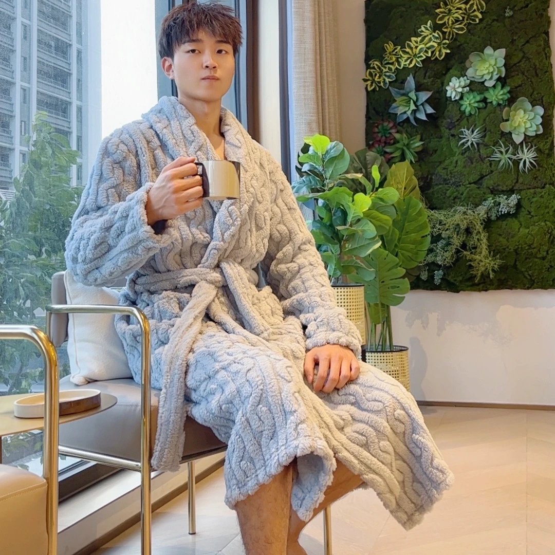 秋冬季保暖男士加厚加绒家居服长款浴袍睡袍情侣款冬款大码宽松
