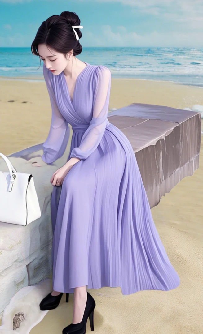 春季风情万种女神范气质高级感沙滩海边度假温柔风紫色雪纺连衣裙