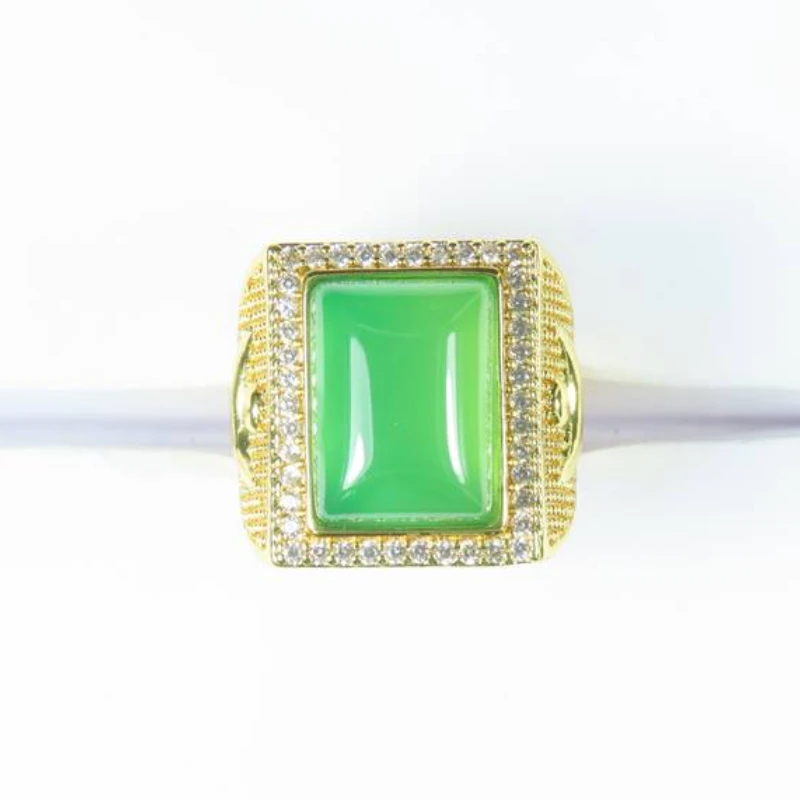 方方正正男士元宝豪华镶嵌荧光绿活口玛瑙合金戒指