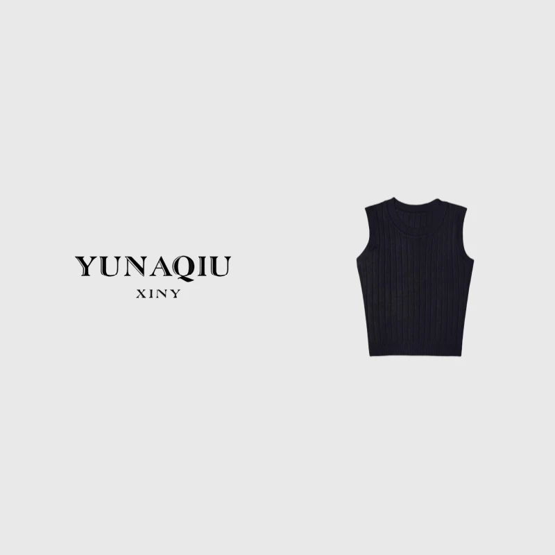 YUNAQIU-气质针织轻奢时尚女士潮流修身无袖休闲黑色秋冬-8454