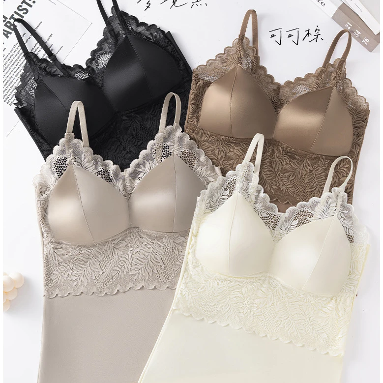 【法式珠光缎蕾丝背心】印花修身型吊带INS风潮流风带胸垫内衣-889