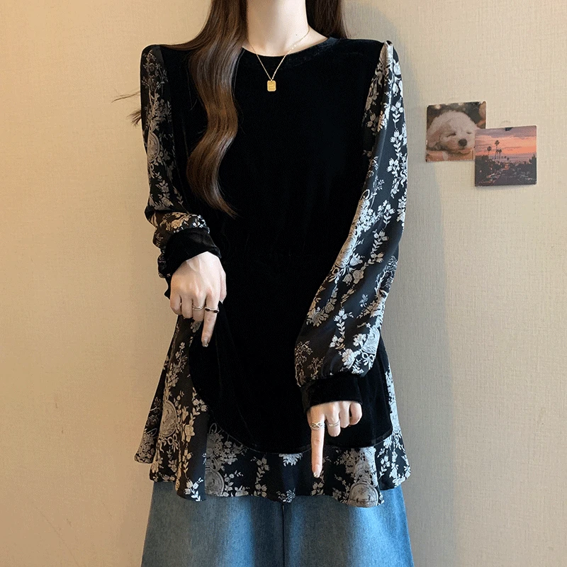 2025秋季新款大码女洋气减龄宽松显瘦丝绒拼接假两件衬衫上衣