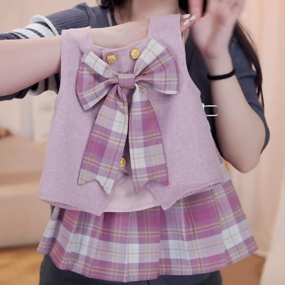 【粉紫色】套装双排扣休闲风女学院风夏季洋气JK制服衬衫女童5X009