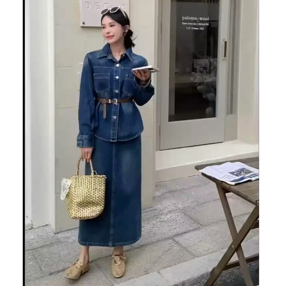 D96637复古港风翻领套装极简风衬衫牛仔上衣+牛仔半身裙两件套