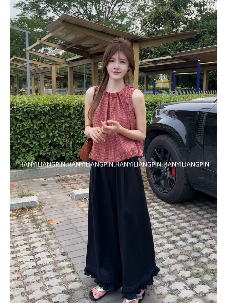 【格子控】抽绳无袖格子两件套