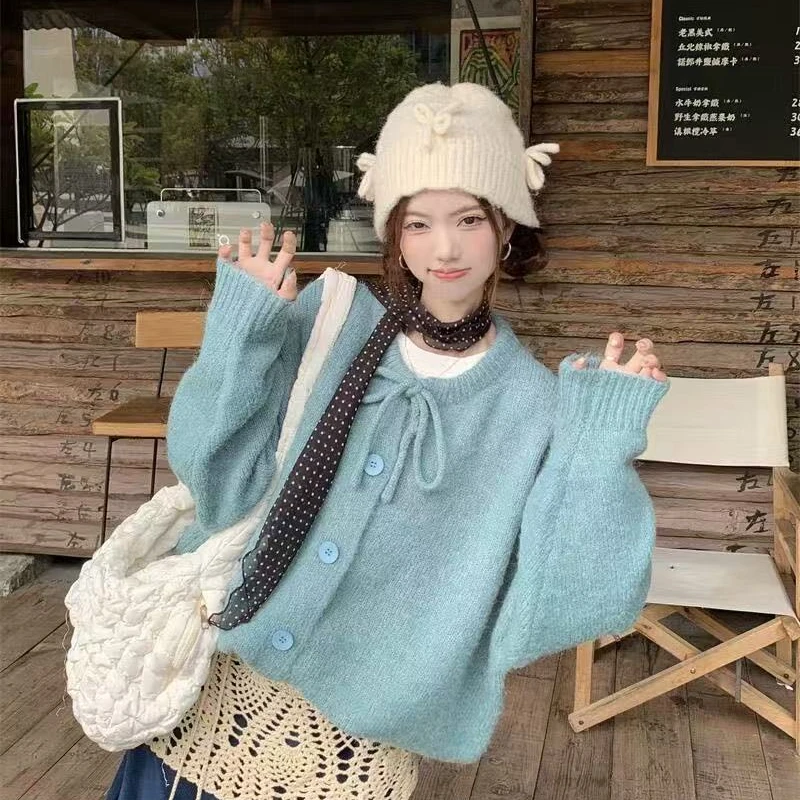 蓝色蝴蝶结毛衣外套女春秋季加厚宽松慵懒风2025新款针织开衫上衣