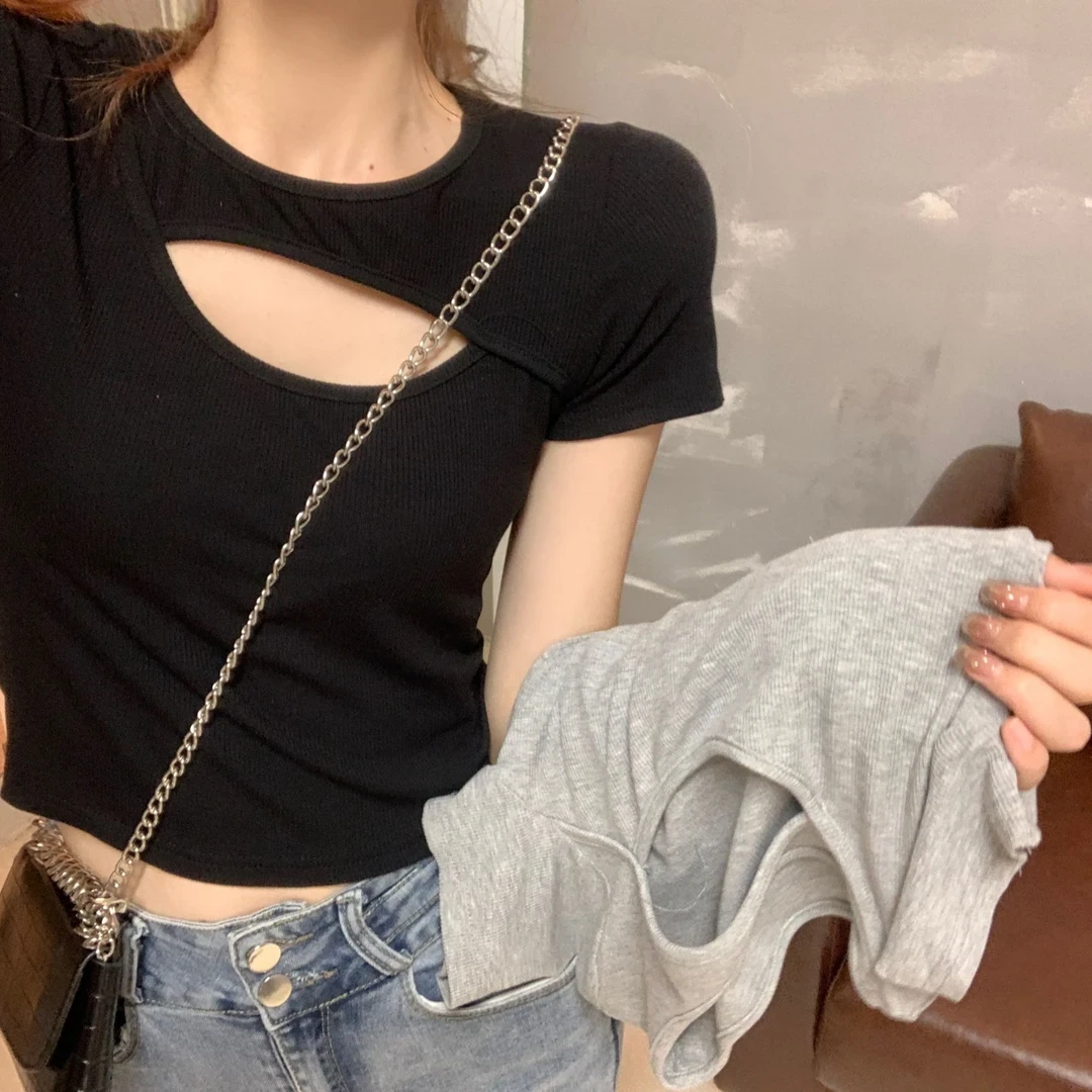 镂空锁骨短袖T女小众设计感夏季2025年新款修身显瘦辣妹短款上衣