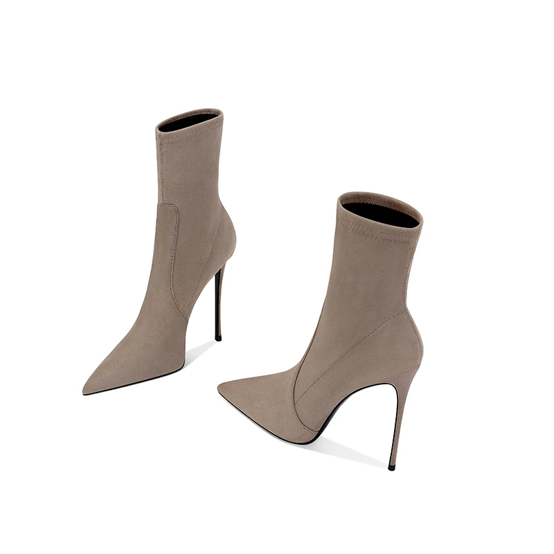 卡其色尖头细跟高跟靴子女中筒靴2025新款弹力显瘦百搭瘦瘦靴袜靴