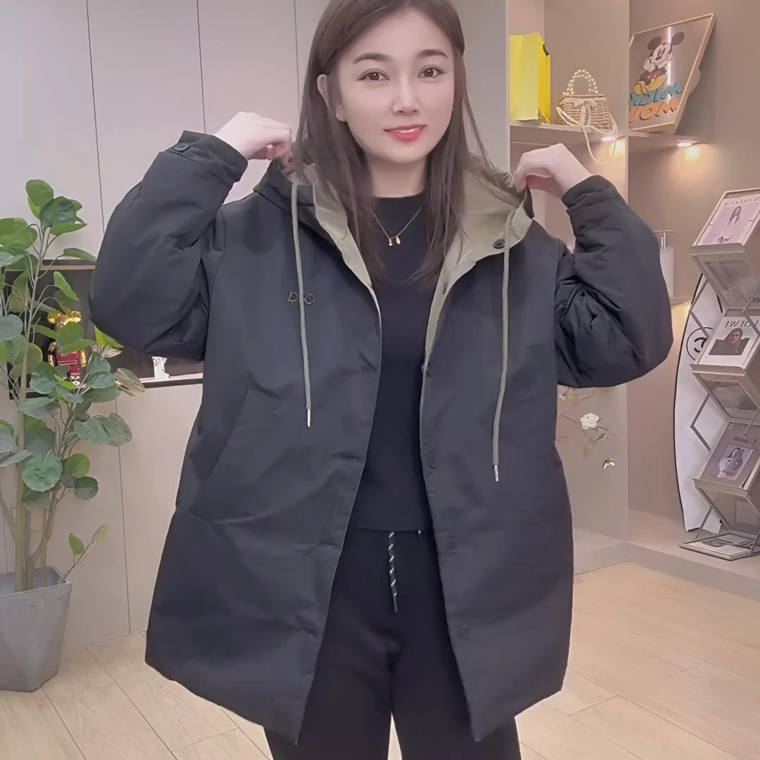 秋冬新款时尚休闲潮女两面穿棉服刺绣字母长袖中长款连帽风衣外套
