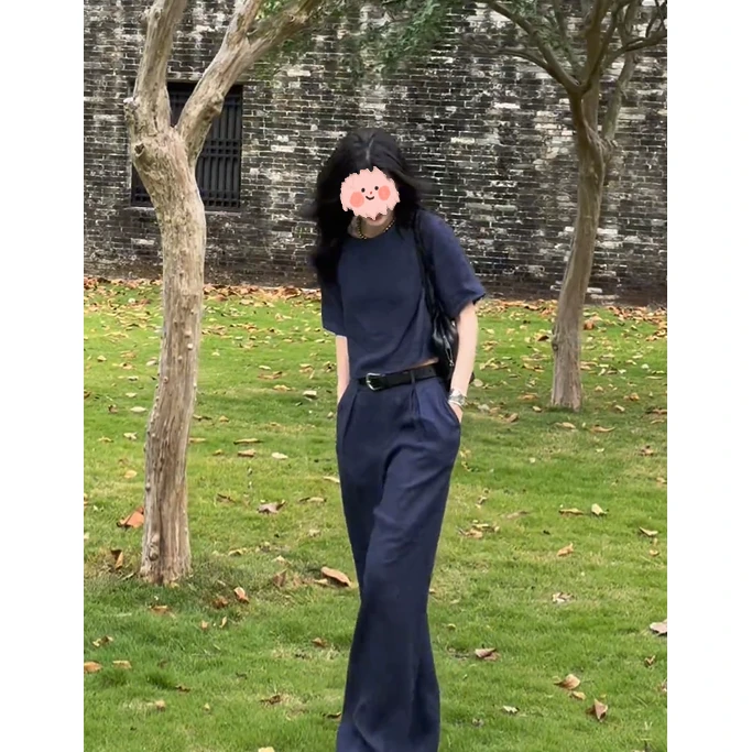 小个子时尚套装女夏装2025新款小香风修身短袖直筒阔腿裤两件套