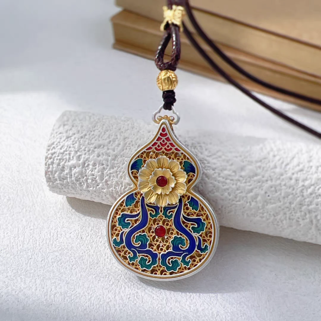 吊坠足银珐琅 珐琅镂空足银9999葫芦绳项链民族风时尚双面百搭