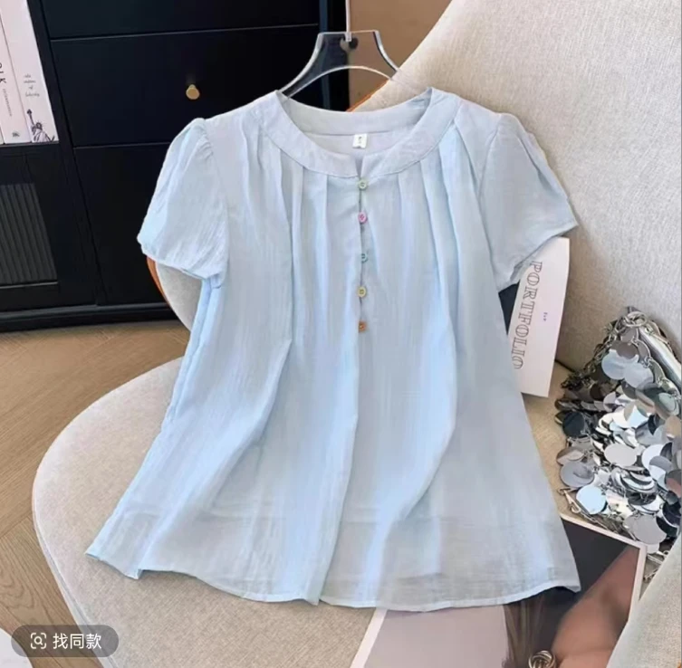 法式夏季新款甜美小清新圆领上衣娃娃衫宽松显瘦气质纯色短袖衬衫