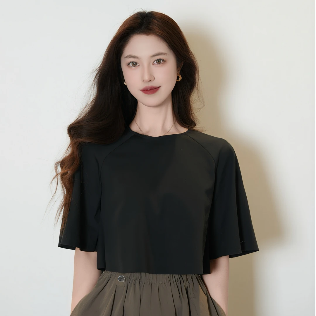 GIRDEAR/哥弟2025新款百搭宽松黑色短款圆领短袖T恤女上衣1300037