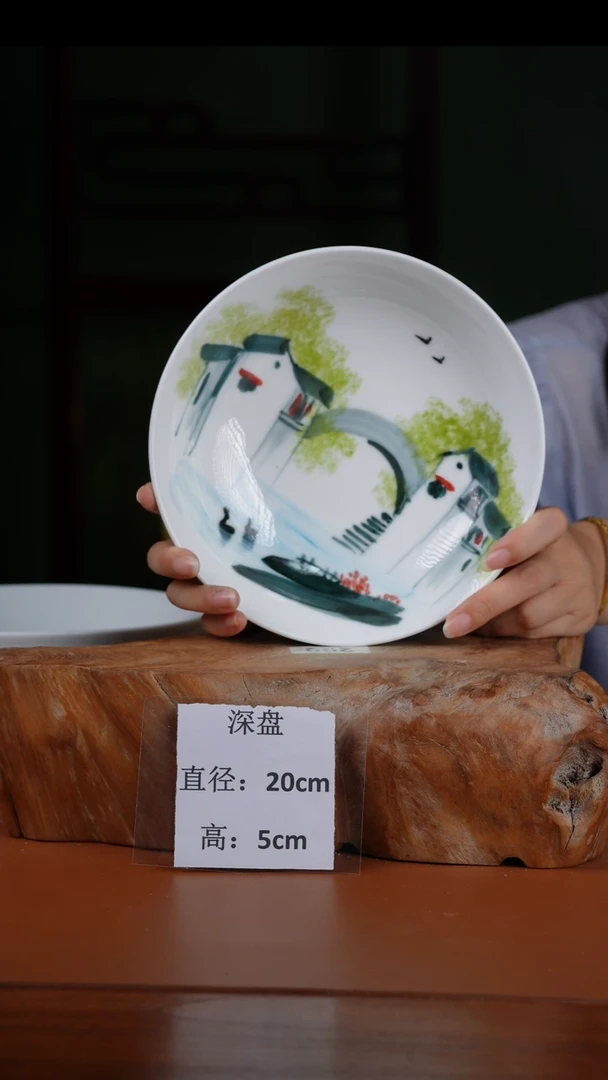 陶瓷景德镇高温釉中彩深盘直径20高5