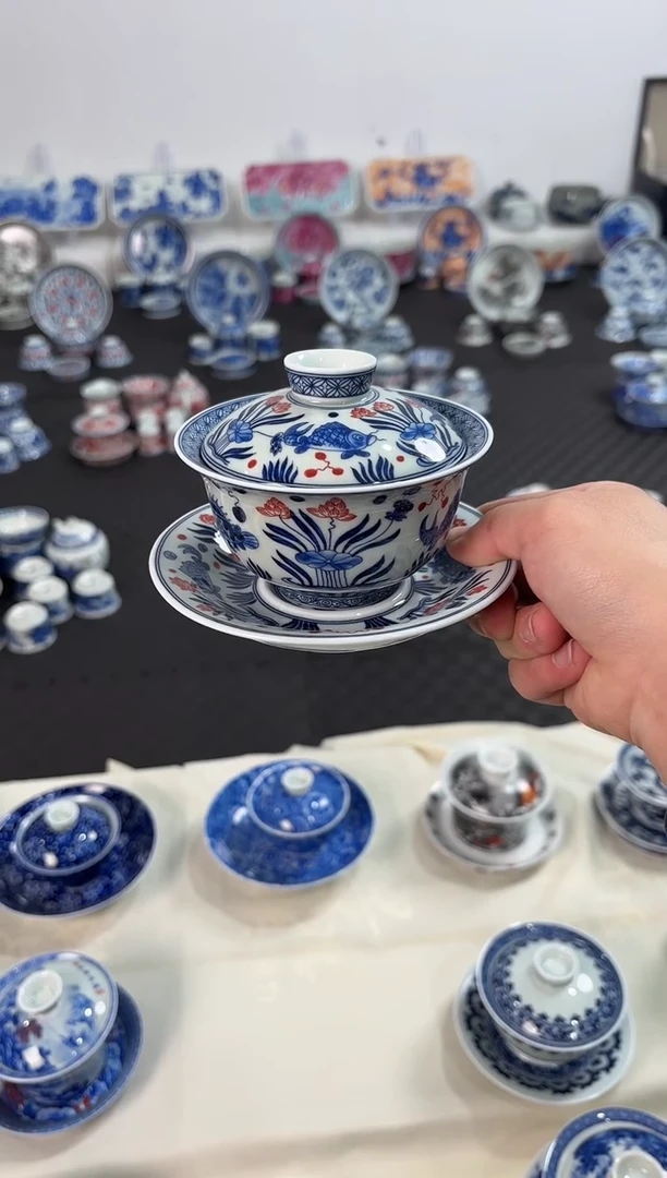 盖碗瓷景德镇陶瓷茶具青花釉里红鱼藻纹元宝盖碗