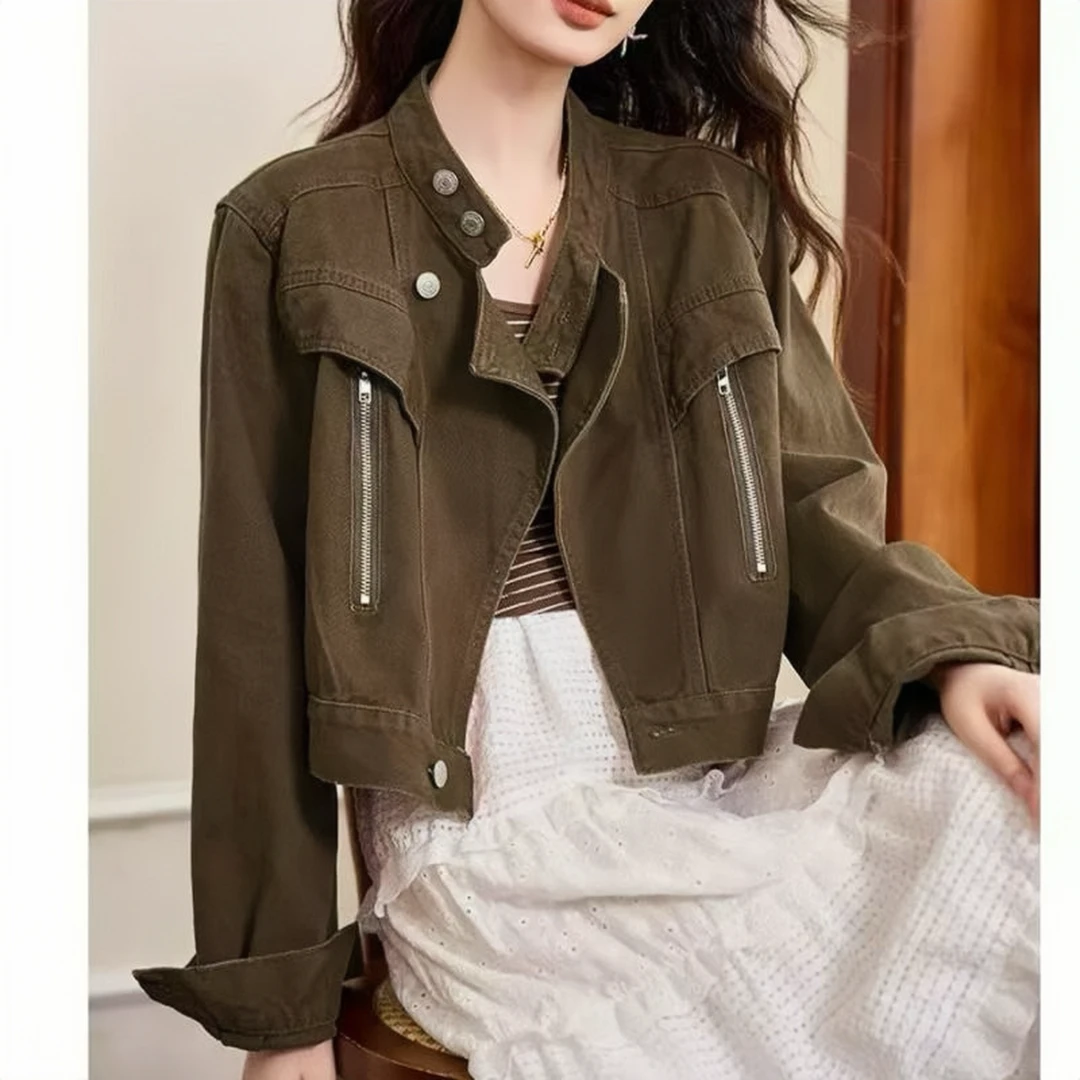 时尚立领新款夹克咖啡色短款2025牛仔春秋季外套小个子港风上衣女