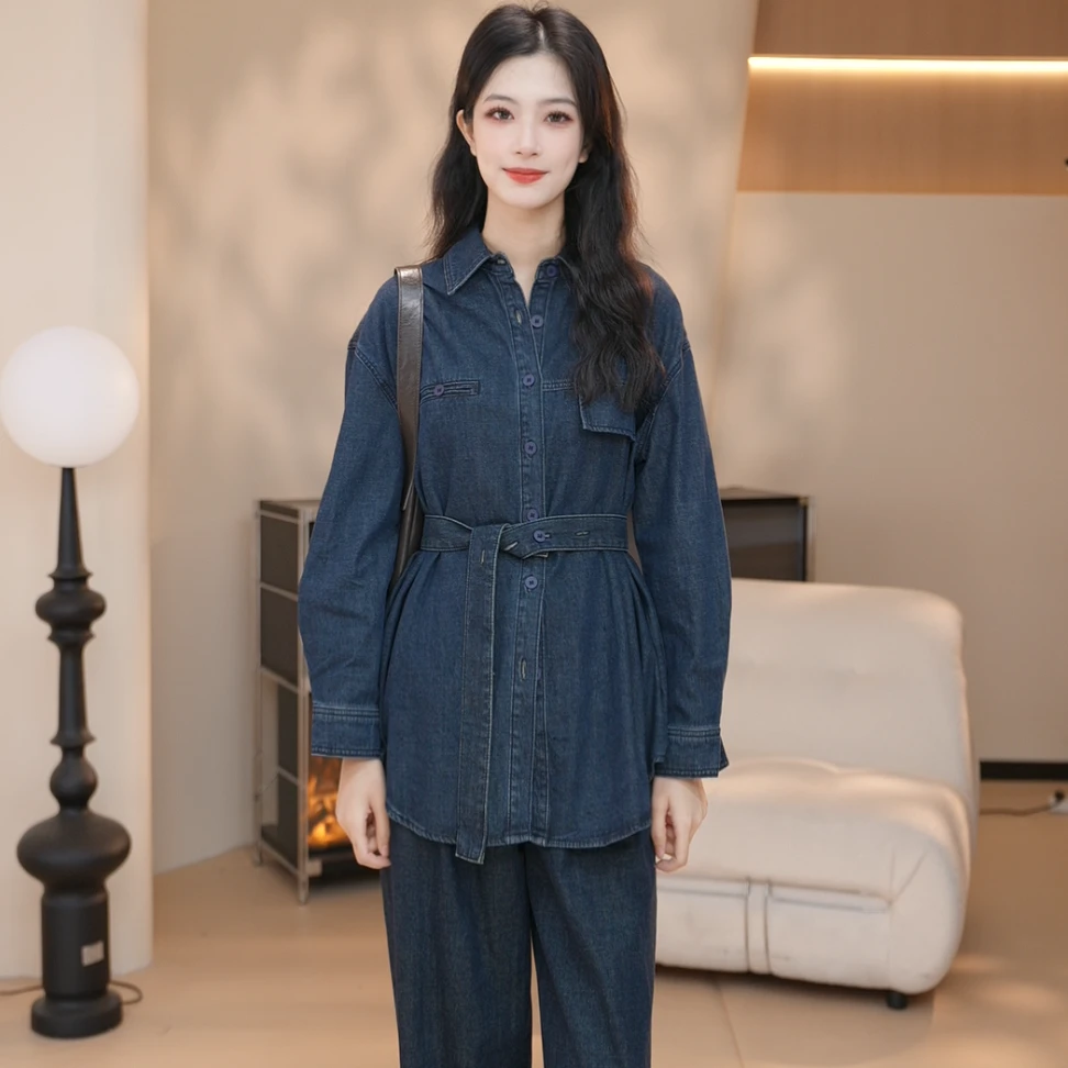 Basic House/百家好JH时尚复古长袖气质简约牛仔衬衫套装配腰带