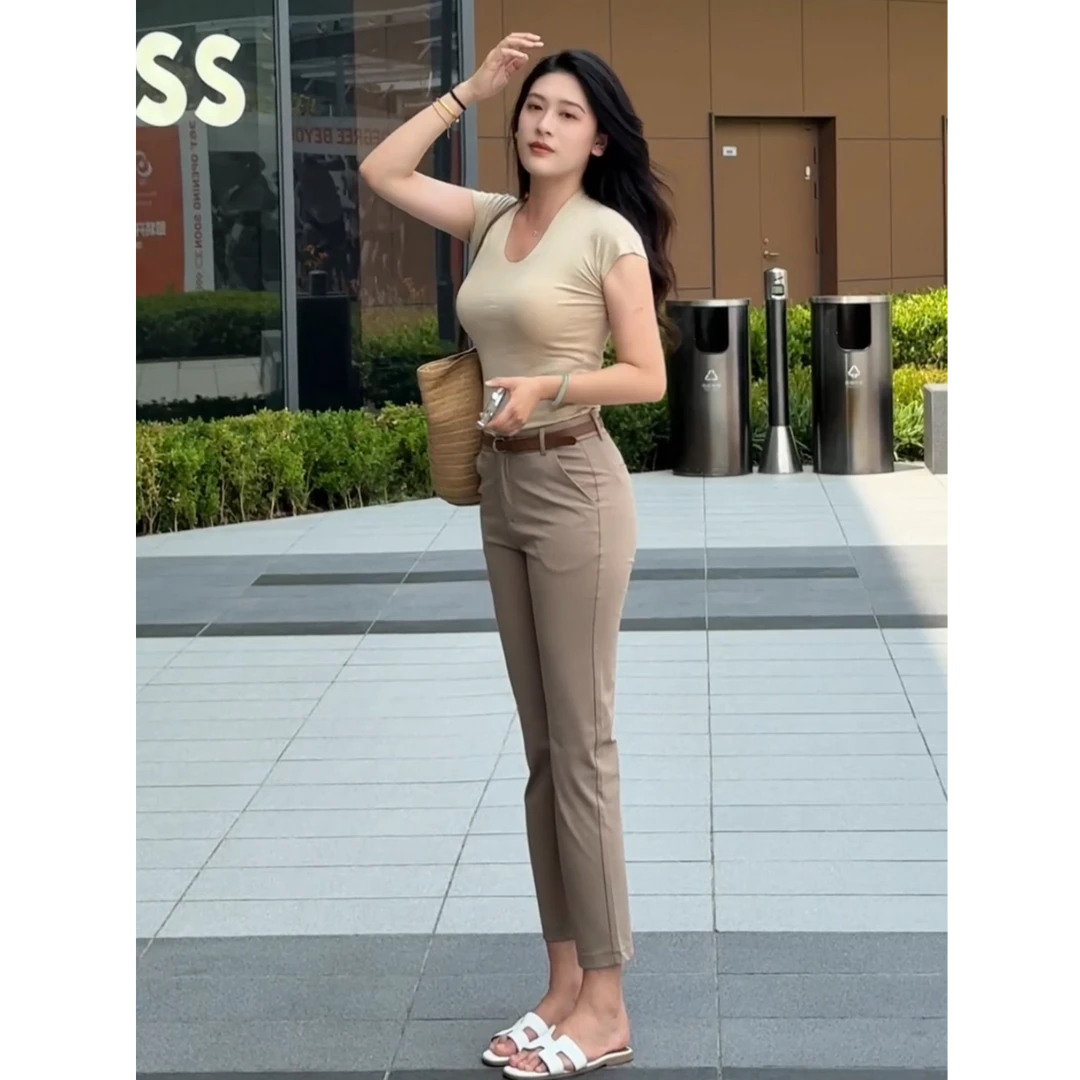 【新款】JIN新款百搭法棍烟管裤高弹免烫抗皱通勤高腰显瘦职业西裤