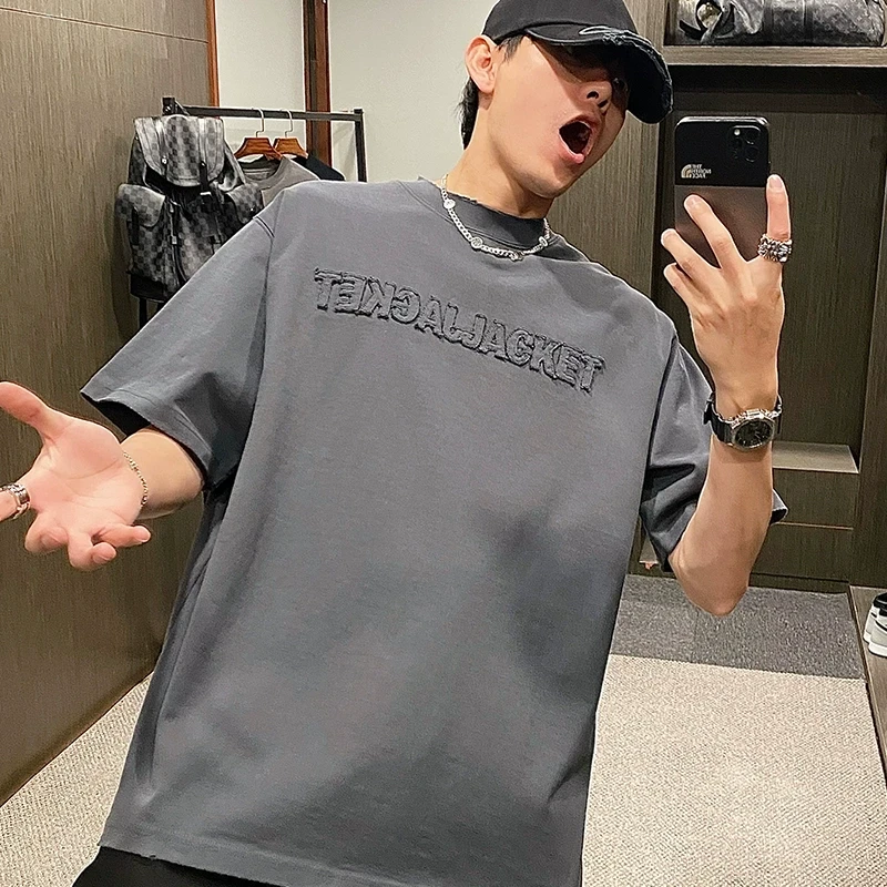 春季新款时尚百搭潮流简约轻奢痞帅个性设计男女同款潮牌纯色短袖