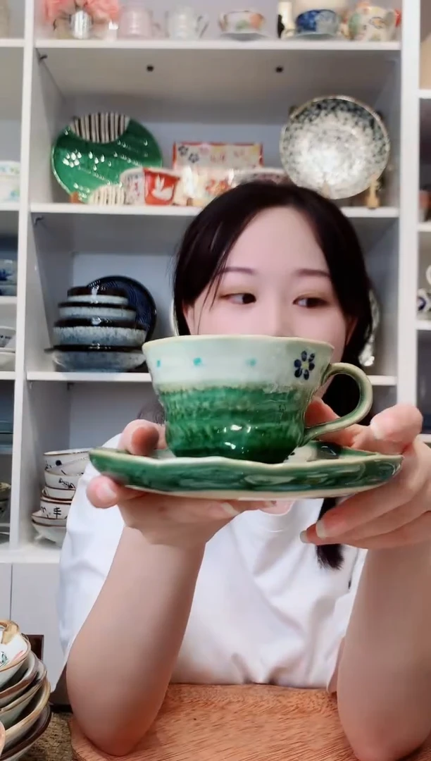 陶瓷濑户烧织布绿釉小花咖啡杯碟