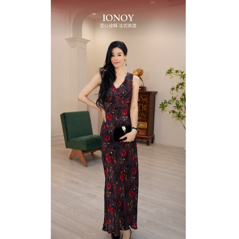 IONOY【桑蚕丝】G148连衣裙显瘦复古无袖法式浪漫时尚禁机洗
