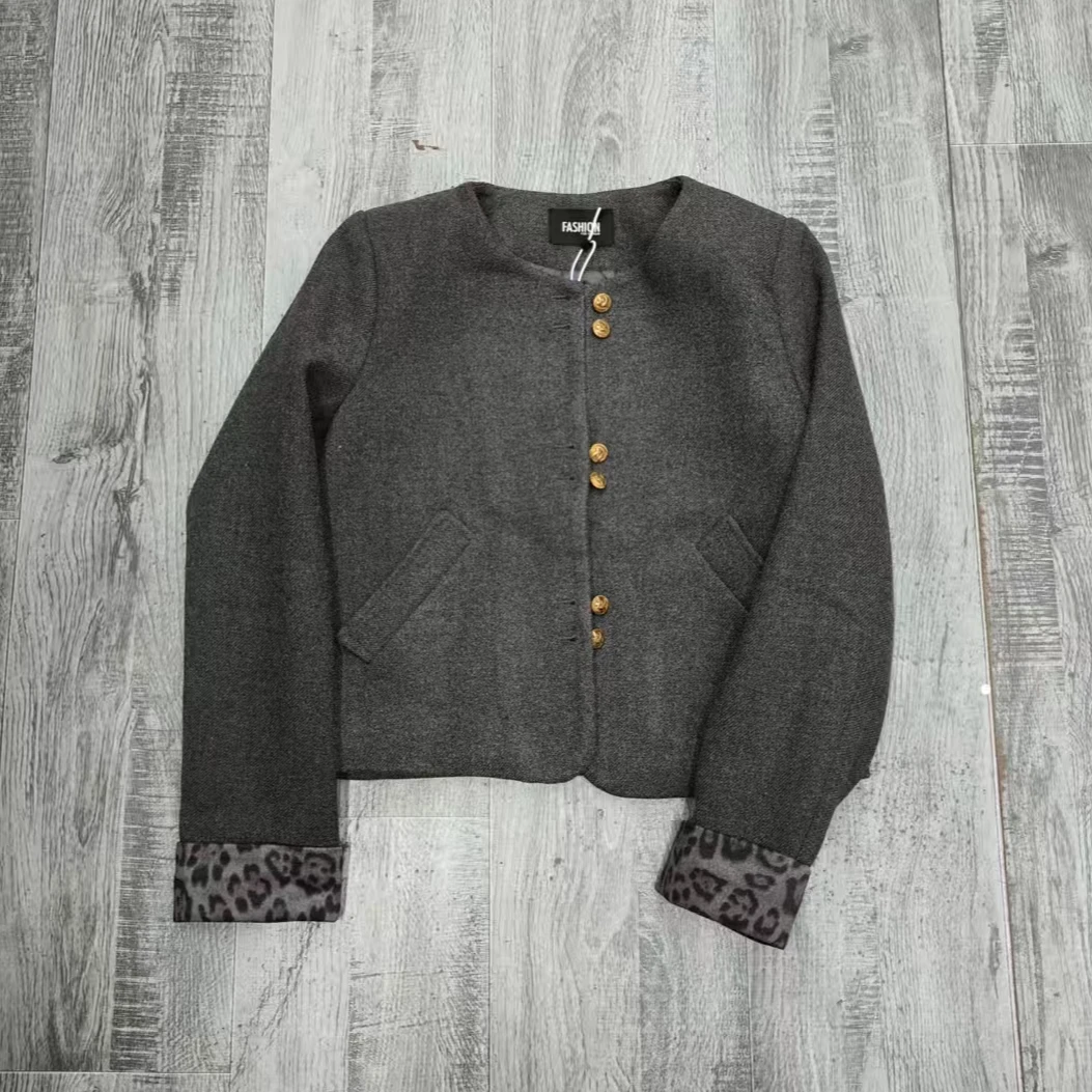 2615#设计感撞色袖口拼接豹纹圆领夹棉外套洋气百搭呢子短款外套