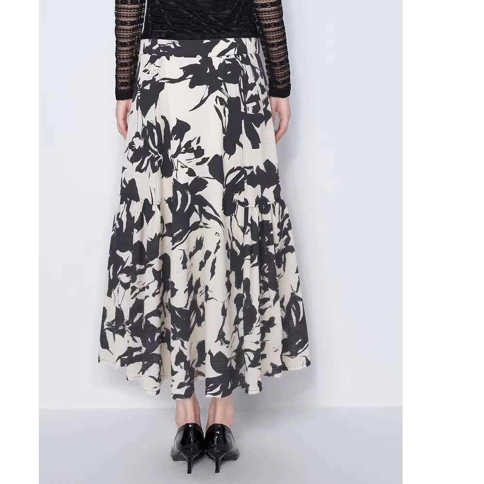 【马天奴】夏季新款黑白印花半身裙A字中长裙VHSB55SKA0