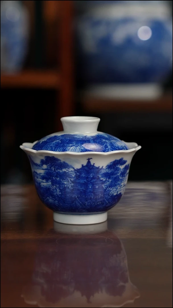 自成堂柴窑青花江楼揽胜图