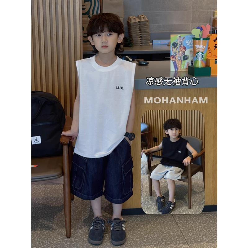 凯文家童装2025夏装新品男童中大童韩版宽松无袖背心儿童简约背心