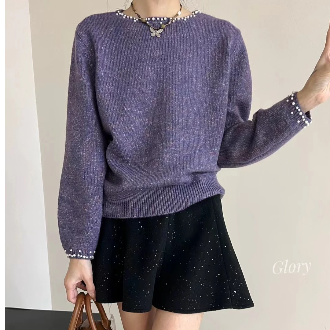 乐缘GLORY冬款新款韩版时尚舒适领口钉珠针织上衣*0103