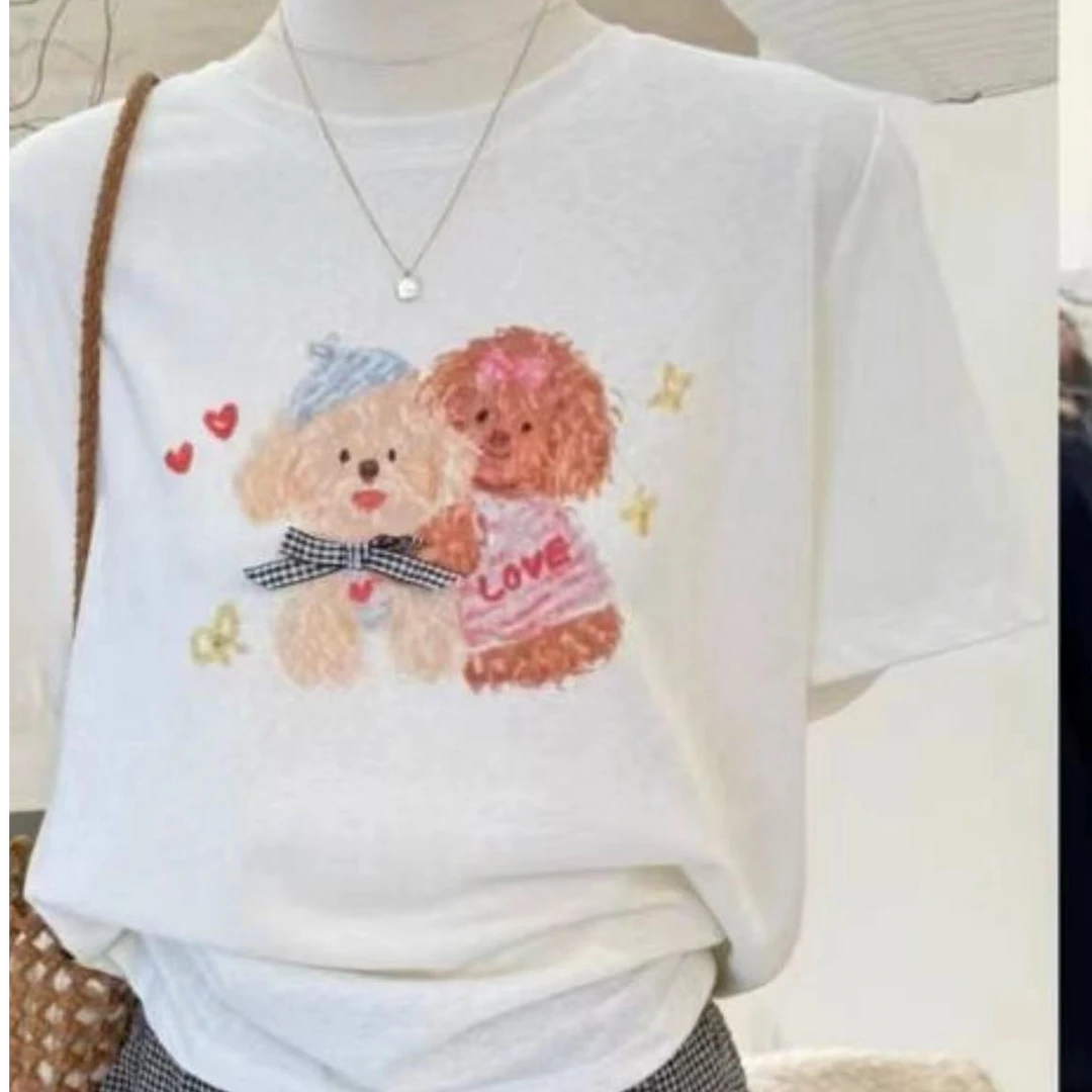 egg 雪花棉 蝴蝶结2个 狗 无感印花 T恤 衣长62 胸围100左右