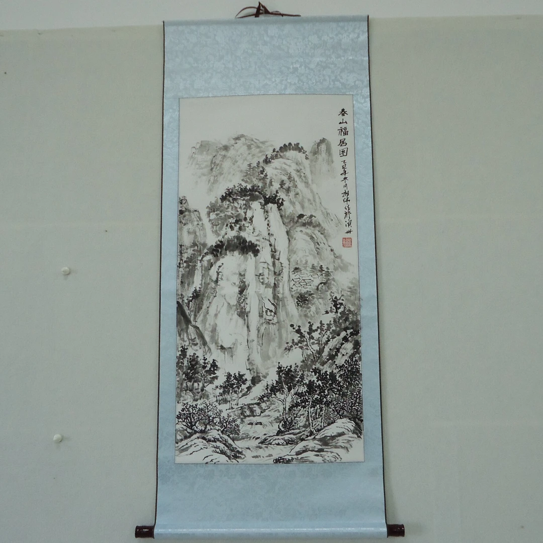 纯手绘春山福居图国画130x55厘米宣纸制作适合客厅餐厅酒店玄关